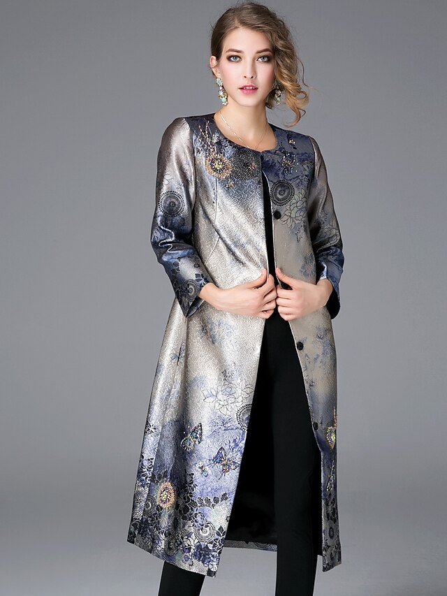 JOJO HANS Women's Plus Size / Daily Casual CoatPrint Round Neck Long Sleeve Fall / Winter Gray Linen