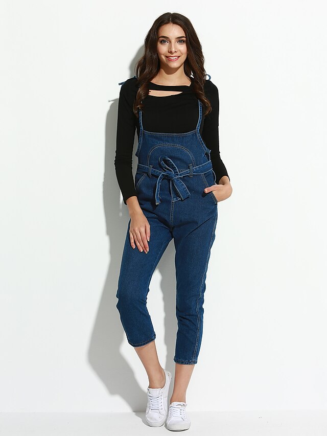  Damen Einfach Street Schick Hohe Hüfthöhe Overall Jeans Hose Solide