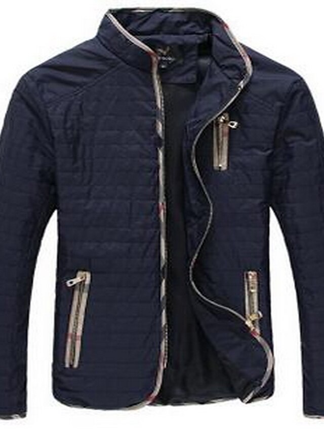  Men's Daily Wear Basic Fall / Winter Plus Size Regular Coat, Solid Colored Stand Long Sleeve Polyester / Polyester Taffeta Black / Navy Blue 4XL / XXXXXL / XXXXXXL / Slim