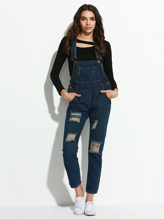  Damen Street Schick Mikro-elastisch Jeans Overall Hose Solide