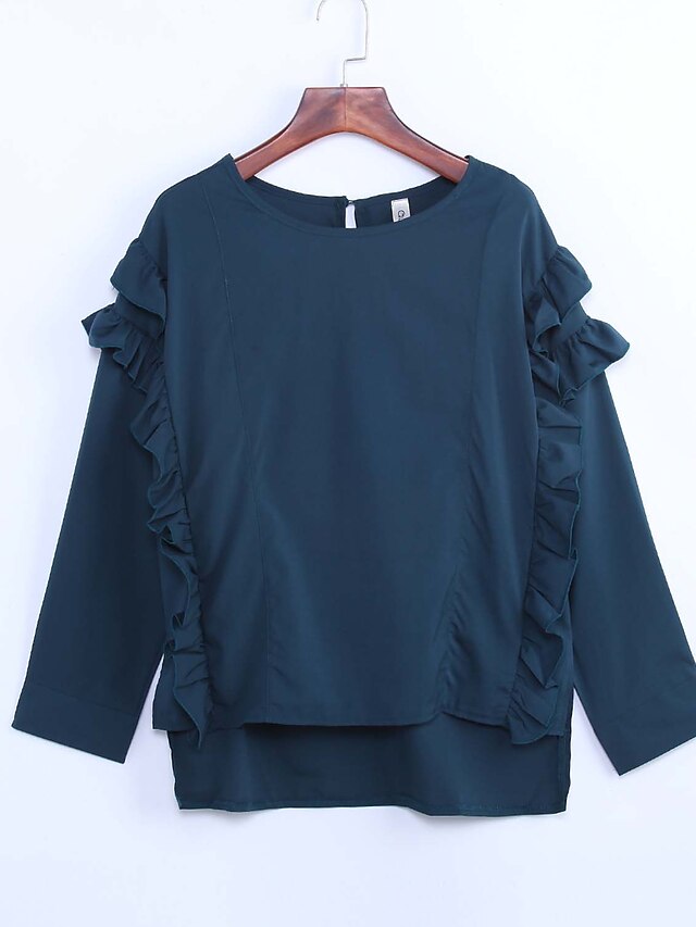  Spring Women's Loose Comfortable Retro Flounced Round Neck Long Sleeve Green Blouse Tops