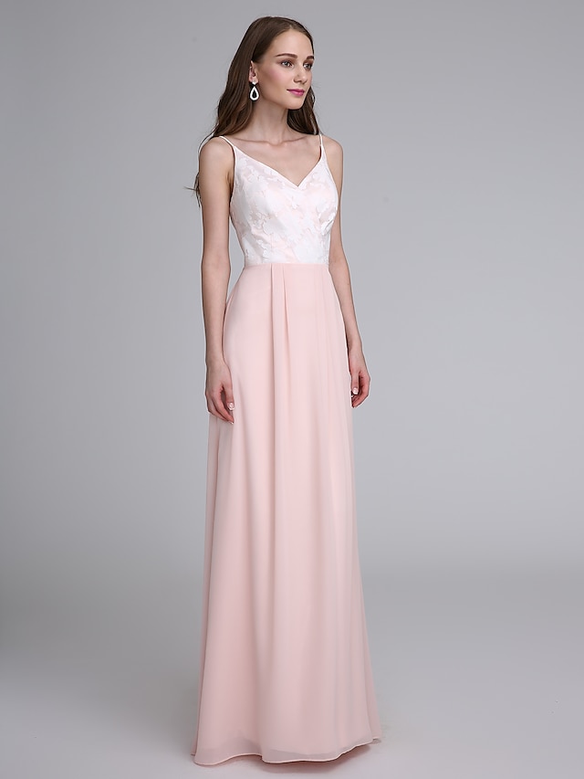  Sheath / Column Spaghetti Strap Floor Length Chiffon Bridesmaid Dress with Lace by LAN TING BRIDE®