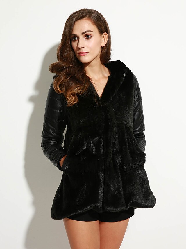  Women's Plus Size / Casual/Daily / Party/Cocktail Sexy / Simple Fur Coat,Solid / Color Block Hooded Long Sleeve Fall /