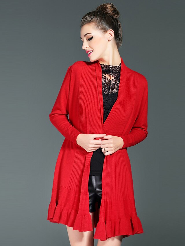  Damen Standard Strickjacke-Lässig/Alltäglich Einfach Solide Rot V-Ausschnitt Langarm Polyester Herbst Mittel Dehnbar