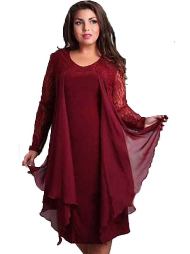  Women's Lace Plus Size Daily Loose Dress - Solid Colored Lace Spring Cotton Wine L XL XXL XXXL