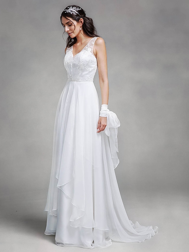  Hall Wedding Dresses A-Line V Neck Regular Straps Sweep / Brush Train Chiffon Bridal Gowns With Lace 2023