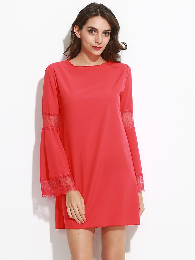  Mujer Vestido de una línea Manga Larga Un Color Otoño Rojo