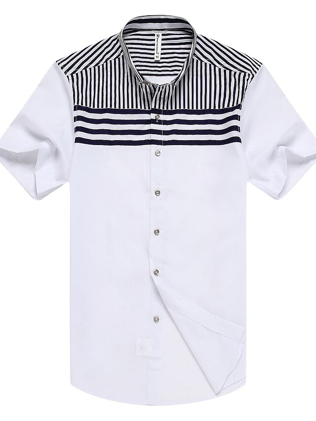  男性用 プリント シャツ レギュラーカラー ストライプ ブラック＆ホワイト / 半袖