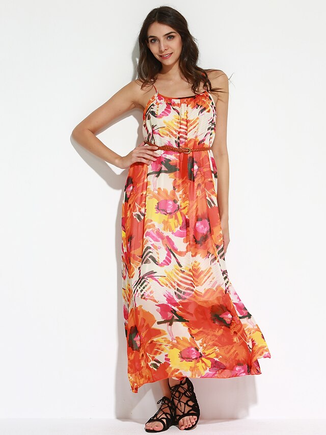  Women's Beach Boho Maxi Swing Dress - Print Strap Summer Orange