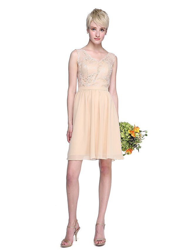  A-Line V Neck Knee Length Chiffon / Lace Bridesmaid Dress with Lace / Sash / Ribbon by LAN TING BRIDE®