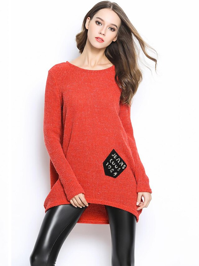  Women's Street chic Long Sleeve Long Pullover - Solid Colored / Letter / Fall / Winter