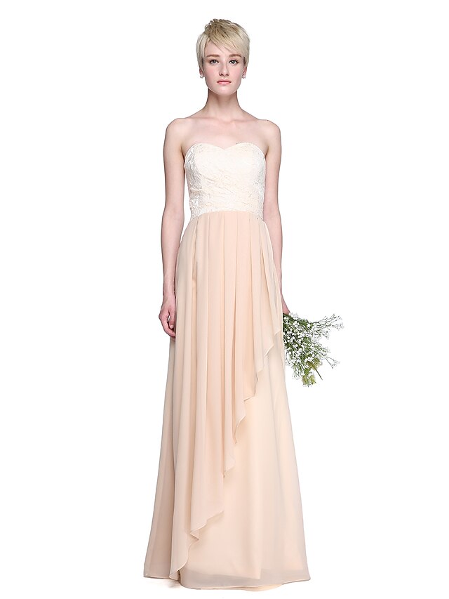  Strak/kolom Sweetheart Tot de grond Chiffon Kant Bruidsmeisjesjurk met Plooien door LAN TING BRIDE®