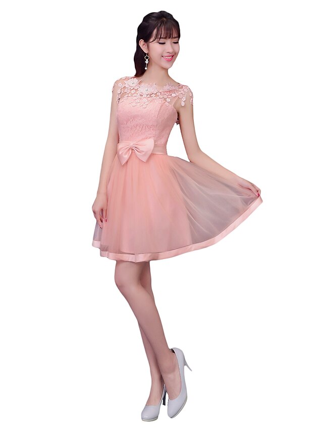  A-Line Strapless Short / Mini Lace Bridesmaid Dress with Sash / Ribbon