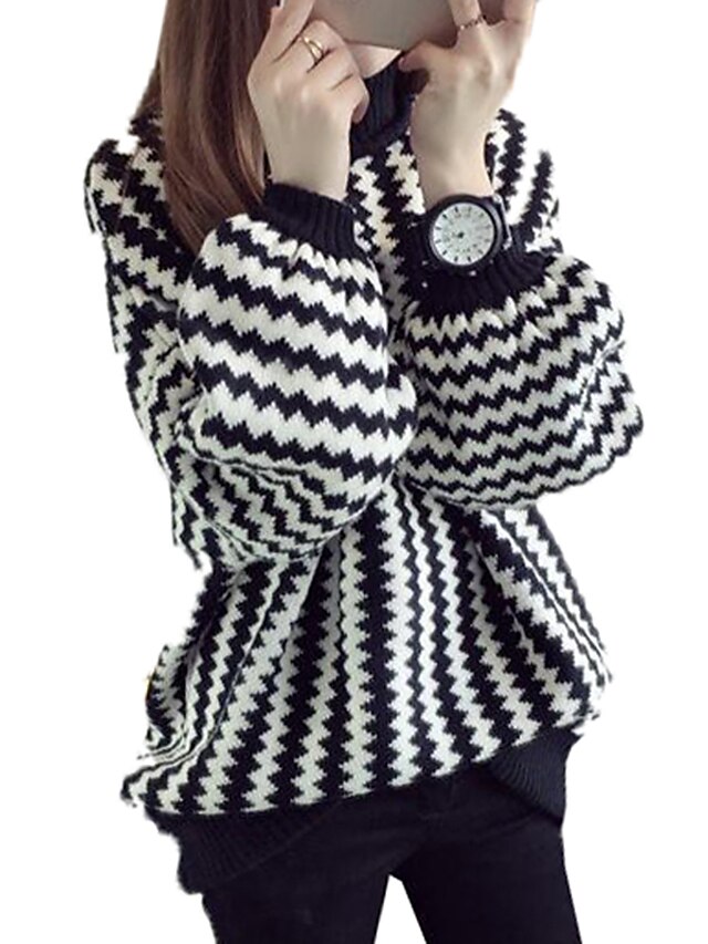  Damen Standard Pullover-Lässig/Alltäglich Einfach Gestreift Rundhalsausschnitt Langarm Polyester Frühling Mittel Mikro-elastisch