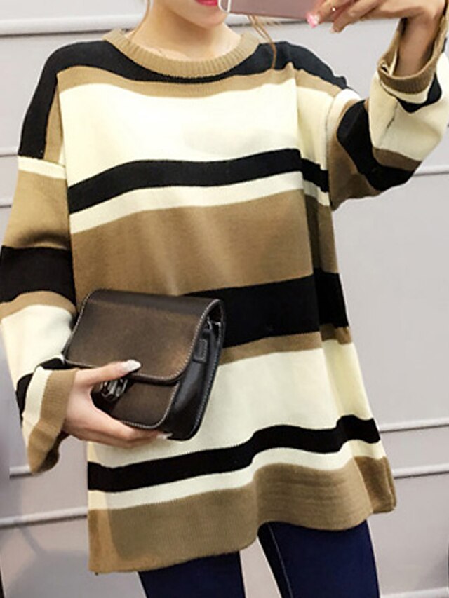  Damen Standard Pullover-Lässig/Alltäglich Ausgehen Einfach Gestreift Gelb Rundhalsausschnitt Langarm Baumwolle Herbst Mittel Dünn