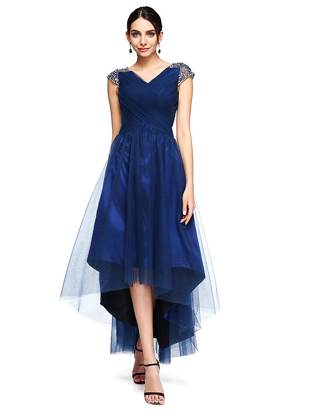  Robe robe demoiselle d honneur Trapèze Robes pour occasions spéciales Dos Nu Asymétrique Col V Manche Courte Tulle Avec Croisé 2023