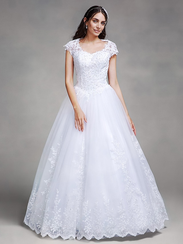  Wedding Dresses Ball Gown Queen Anne Short Sleeve Floor Length Lace Bridal Gowns With Beading Appliques 2023