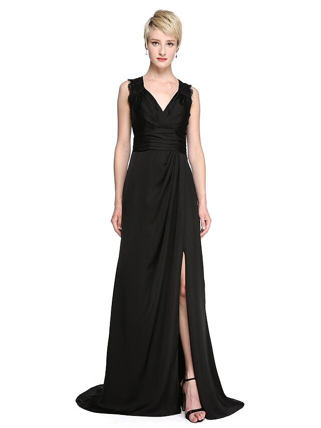  Sheath / Column Furcal Holiday Cocktail Party Formal Evening Dress V Neck Sleeveless Sweep / Brush Train Lace Satin Chiffon with Ruched Side Draping Split Front 2020
