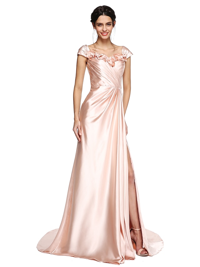  A-Line Straps Court Train Stretch Satin Dress with Split Front / Criss Cross / Flower by TS Couture®