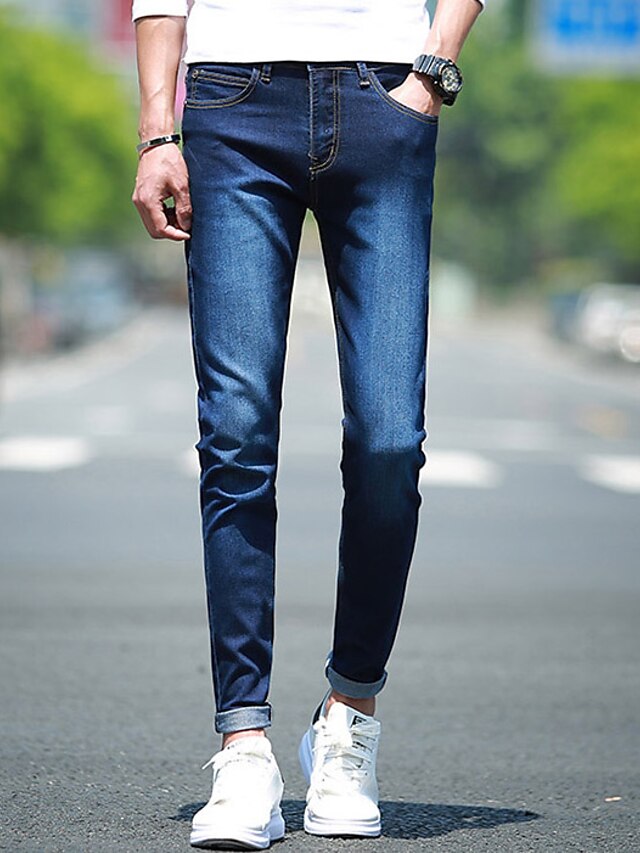 Da uomo A vita medio-alta Semplice Micro-elastico Jeans Pantaloni,Taglia piccola Tinta unita
