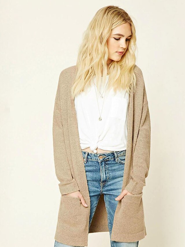  Women's Going out / Casual / Daily Solid Colored Long Sleeve Long Cardigan Sweater Jumper, Round Neck Spring / Fall Beige