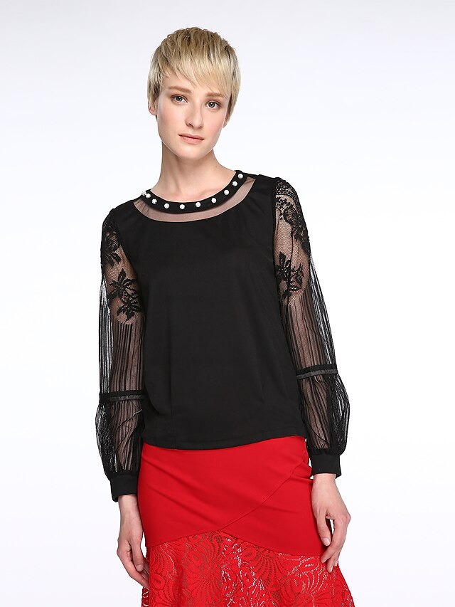  Women's Embroidery Solid Red / Black Blouse,Round Neck Long Sleeve