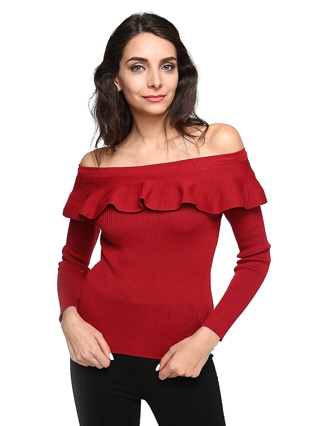  Women's Off The Shoulder|Ruffle Fashion All Match Solid Pullover,Casual/Work Long Sleeve Ruffle