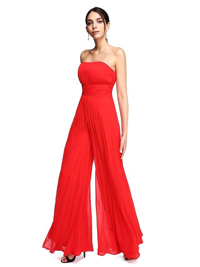  Jumpsuits Sheath / Column Open Back Dress Prom Floor Length Sleeveless Strapless Chiffon with Ruched Draping 2022