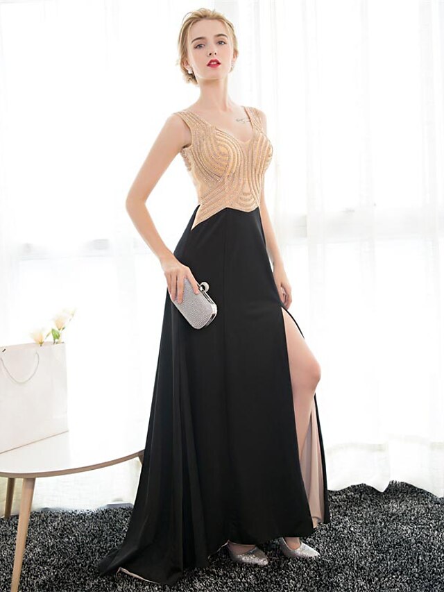  Sheath / Column V-neck Floor Length Satin Formal Evening Dress with Crystal Detailing