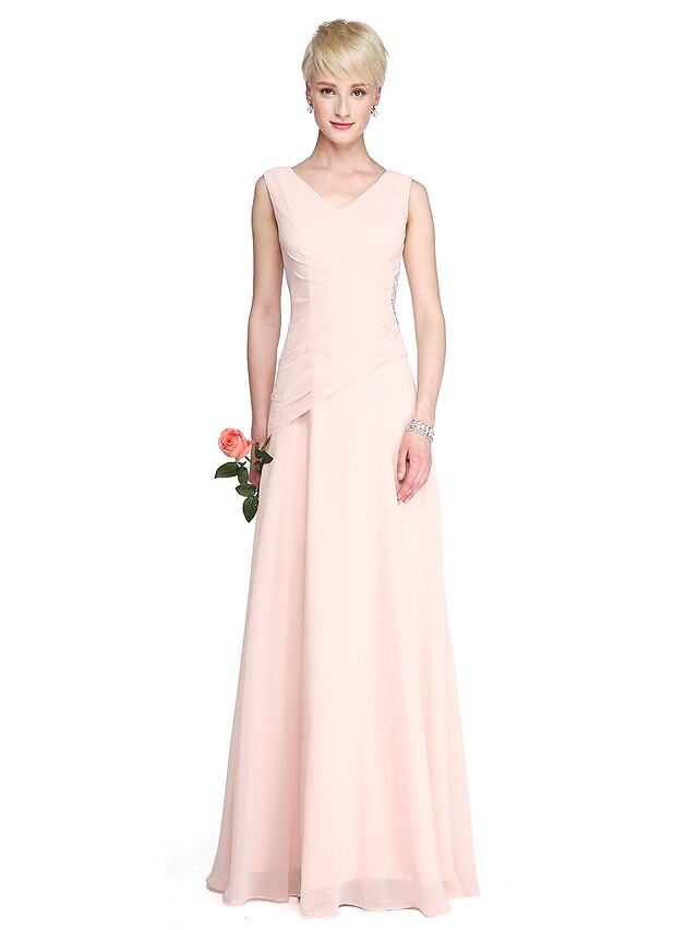  Sheath / Column V Neck Floor Length Georgette Bridesmaid Dress with Crystals / Side Draping