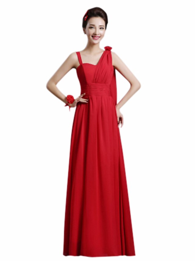  A-Line One Shoulder Ankle Length Chiffon Bridesmaid Dress with Sash / Ribbon / Pleats / Flower