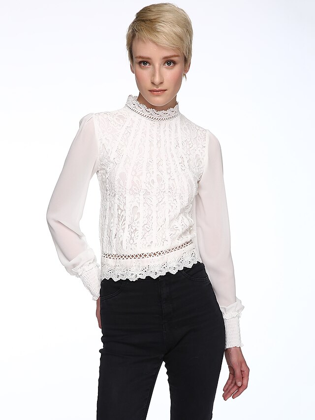  Women's Lace Spring Summer Lace Splice Chiffon Stand Collar Long Sleeve OL Shirt Casual Blouse Tops