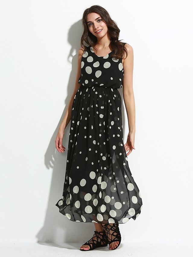  Women's Casual / Daily / Plus Size Simple Maxi Loose / Sheath / Skater Dress - Polka Dot Pleated Summer Black XL XXL XXXL