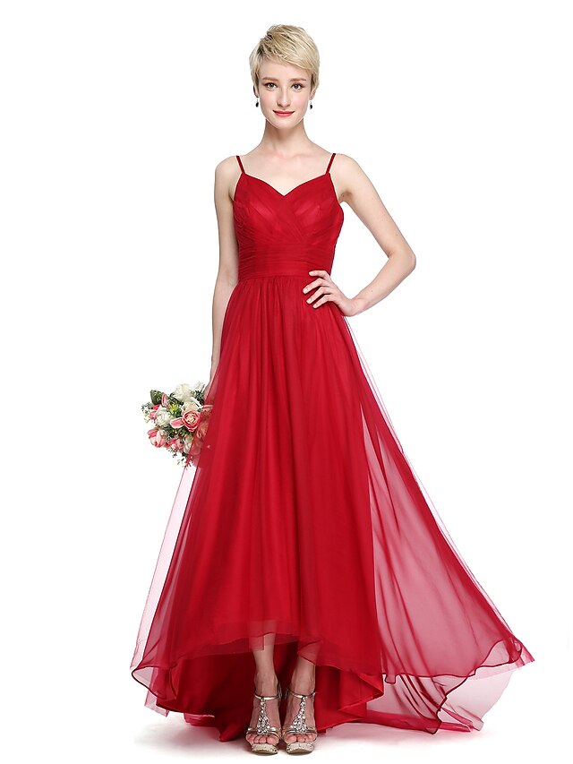  A-Line Spaghetti Strap Asymmetrical Chiffon / Tulle Bridesmaid Dress with Criss Cross / Ruched by LAN TING BRIDE®