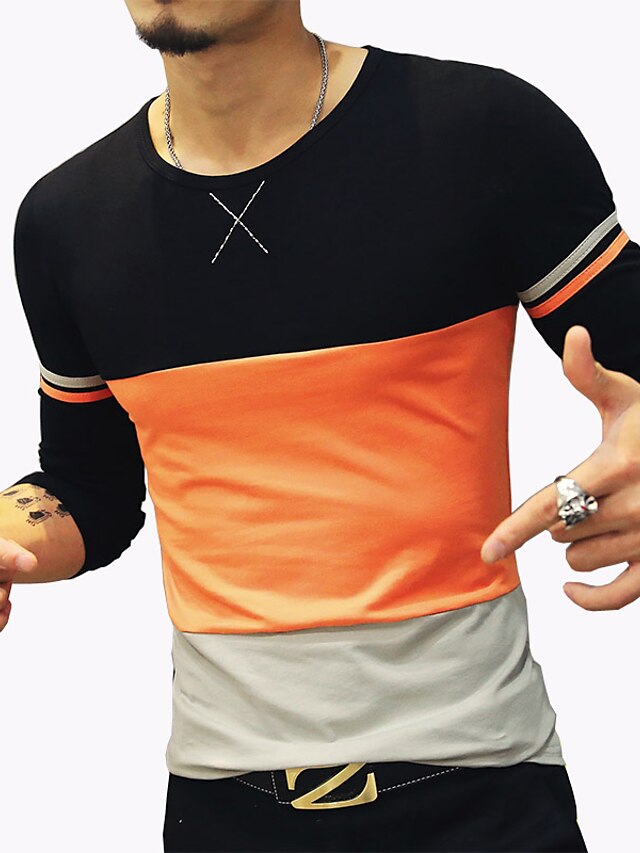  Hombre Geométrico Retazos Camiseta Simple Casual / Diario Tallas Grandes Escote Redondo Amarillo / Naranja / Manga Larga