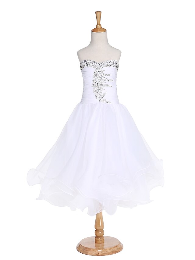  Ball Gown Tea Length Flower Girl Dress First Communion Cute Prom Dress Organza with Beading Fit 3-16 Years