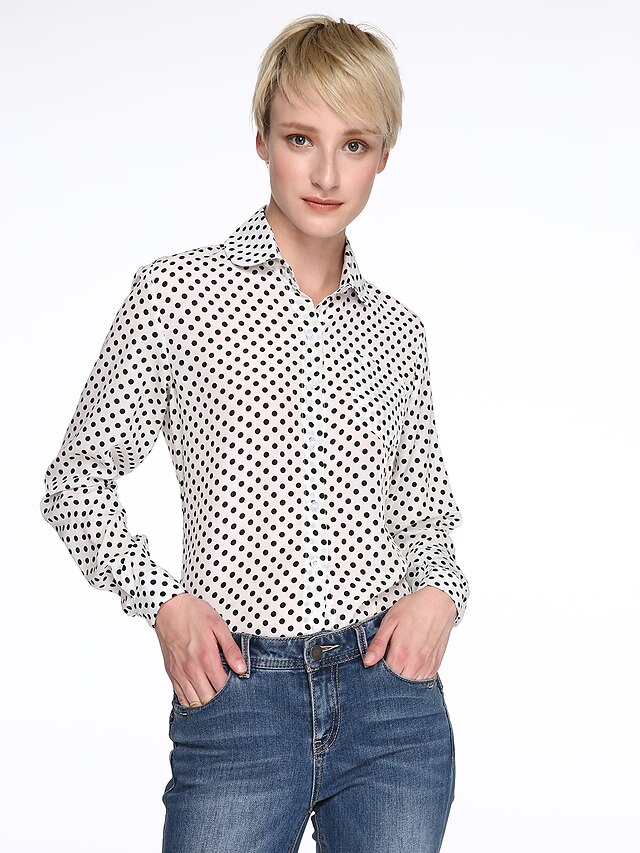  Women's Daily Casual Spring Summer Fall Shirt,Polka Dot Shirt Collar Long Sleeves Thin