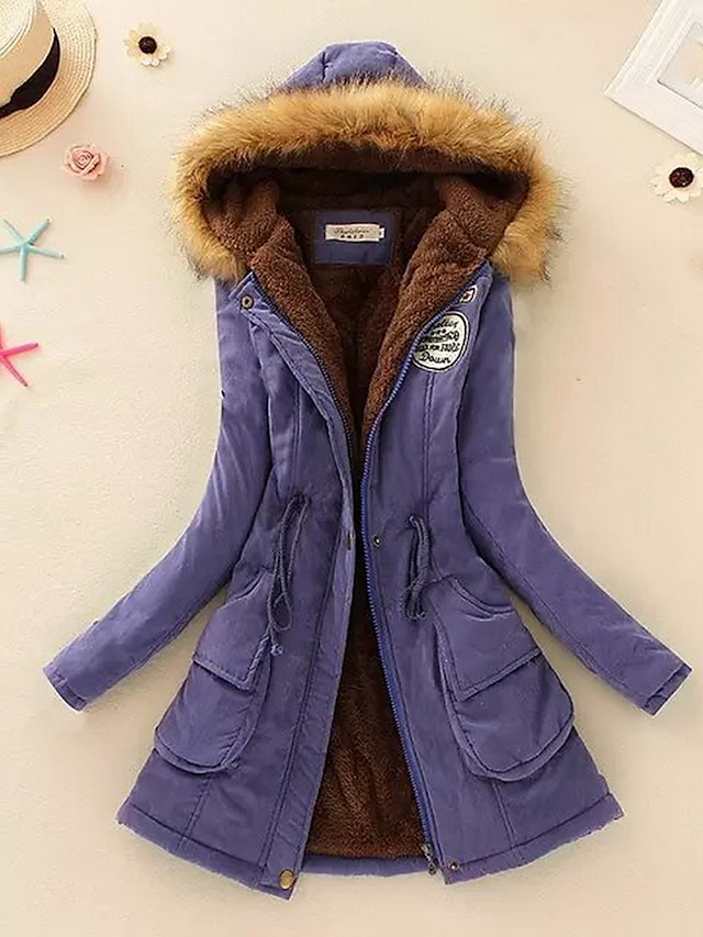  Mulheres Diário Patchwork Sólido Longo Parka, Algodão Manga Longa Inverno Com Capuz Verde / Azul / Rosa claro XL / XXL / XXXL / Forro de Lã