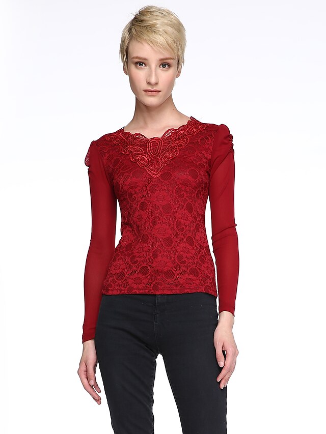  Women's Plus Size Puff Sleeve Blouse - Solid Colored Lace V Neck