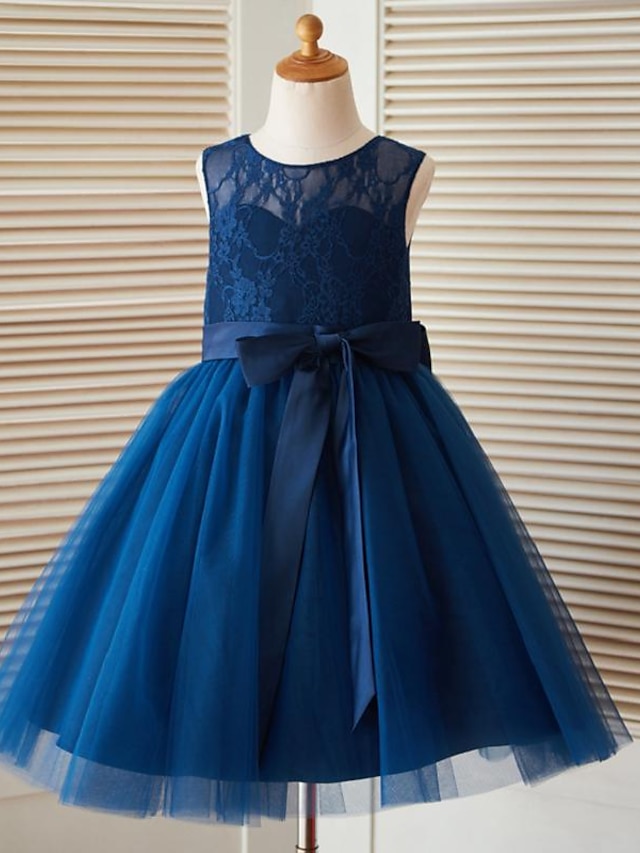  A-Line Knee Length Flower Girl Dress - Lace Tulle Sleeveless Scoop Neck with Bow(s) Sash / Ribbon by LAN TING BRIDE®