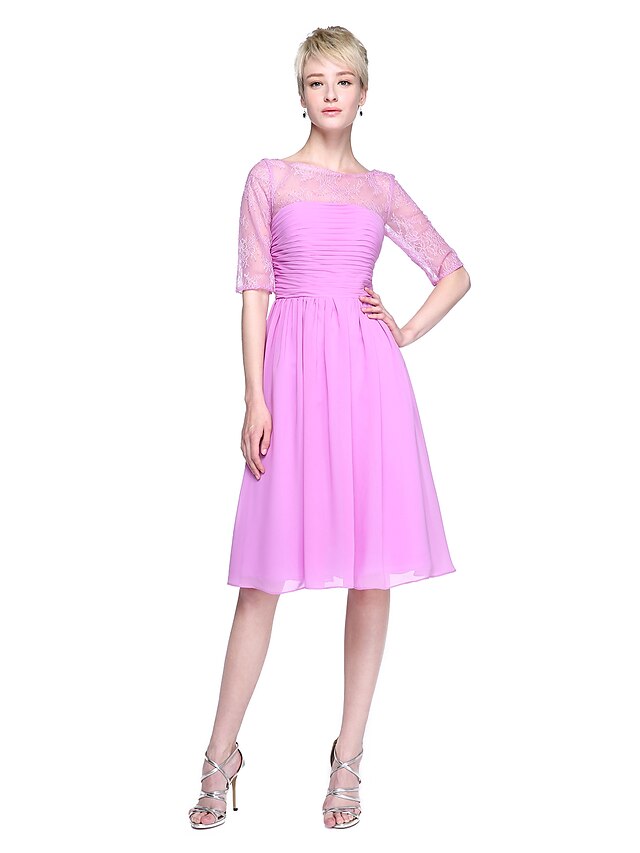  A-Line Bridesmaid Dress Jewel Neck Half Sleeve See Through Knee Length Chiffon / Lace with Ruched 2022 / Illusion Sleeve