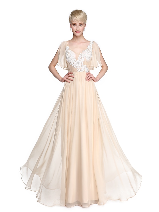  A-Line V Neck Floor Length Chiffon Bridesmaid Dress with Appliques by LAN TING BRIDE® / Beautiful Back