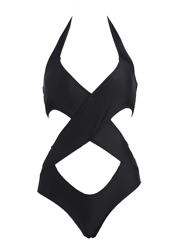  Women's Solid Cross Cutouts Halter Neck Black One-piece Swimwear - Solid Colored S M L Black / Push-up / Racerback