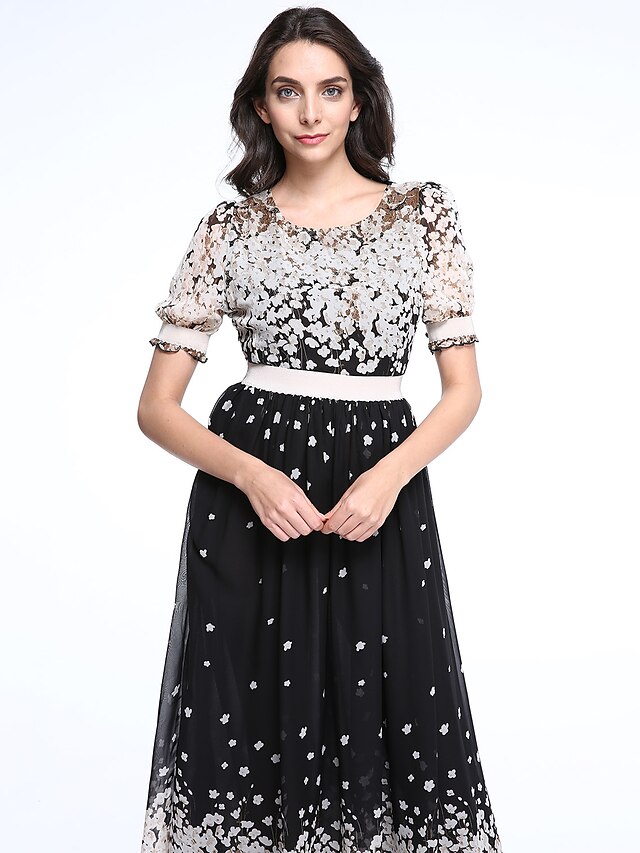  Women's Beach Plus Size Cute Street chic Chiffon Skater Dress,Polka Dot Round Neck Maxi Short Sleeves Acrylic Spring Mid Rise