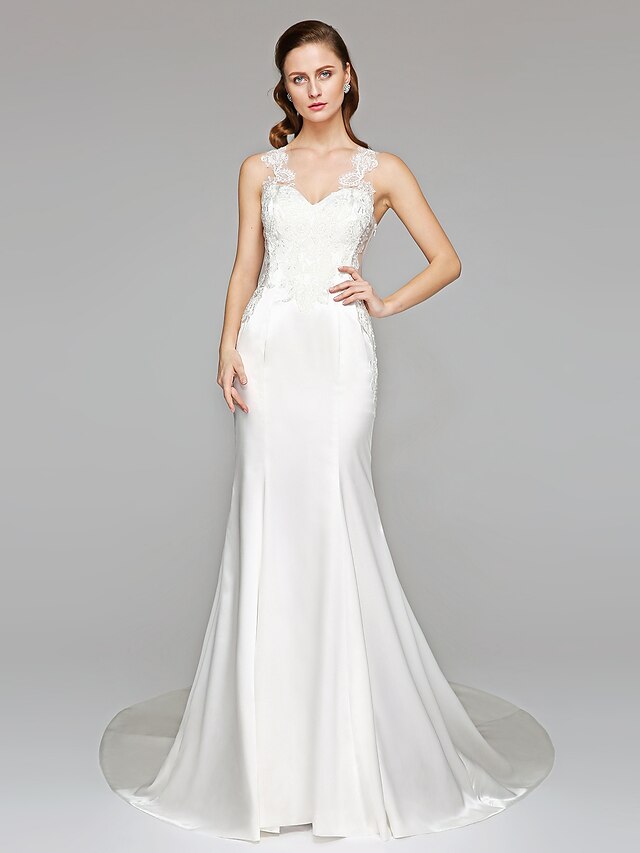  Wedding Dresses Mermaid / Trumpet Straps Sleeveless Chapel Train Stretch Satin Bridal Gowns With Appliques 2023