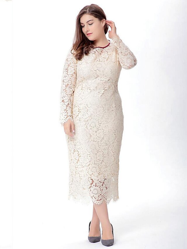  Women's Lace Maxi long Dress Black Beige Long Sleeve Solid Colored Lace Spring V Neck Vintage Slim Lace XL XXL 3XL 4XL 5XL 6XL / Plus Size / Plus Size