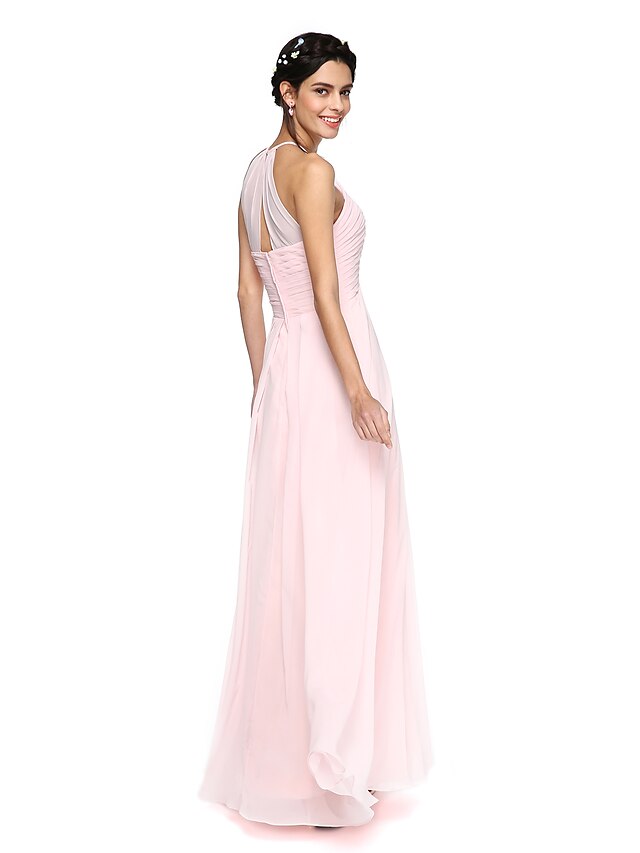  A-Line Bridesmaid Dress Jewel Neck Sleeveless Open Back Floor Length Georgette with Ruffles 2022