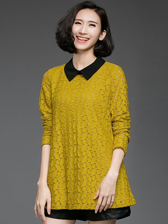  Damen Solide Einfach Lässig/Alltäglich Hemd,Hemdkragen Frühling Herbst Langarm Gelb Baumwolle Undurchsichtig