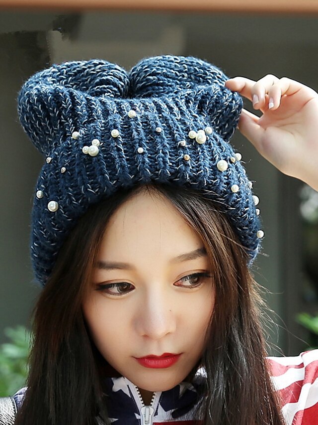 Fashion Pearl Anti - Along The Knitting Cap Winter Women 'S Wool Caps Head Caps