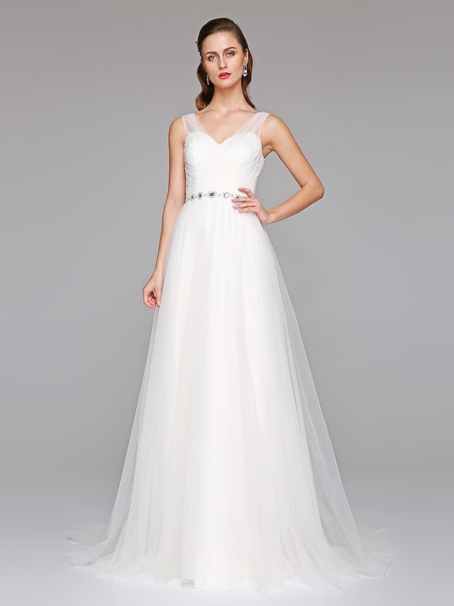  Wedding Dresses A-Line V Neck Sleeveless Court Train Tulle Bridal Gowns With Sash / Ribbon Beading 2023